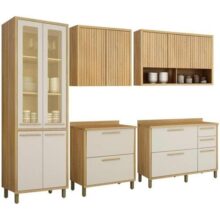 Conjunto Cozinha Completa Armário Paneleiro 4 Portas com Vidro 2 Armários Aéreo e 2 Balcões Torino Cinamomo/Off White