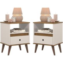 Conjunto kit 2 mesa de cabeceira retro pés palito -Ted- (Off White/Nature)