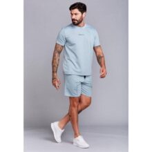 Conjunto Moletinho Camiseta Shorts Masculino Azul Bebê