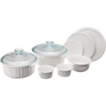 Corningware Conjunto De 10 Peças De Cerâmica Branca Francesa Com Tampas, Assadeira De Grés Resistente a Lascas e Rachaduras, Micro-ondas, Lava-louças, Forno, Freezer e Geladeira