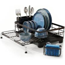 Decolab Escorredor de Louça Extensível Ferro Resistente Antiferrugem para Bancada com Capacidade 10 Pratos, Espaço para Bowls, Pratos de Sobremesa, Copos e com Porta Talheres, 33,5P x 42,5L x 15,3A cm