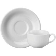 Estojo com 6 Xícaras de de Café com Pires. Modelo Redondo Voyage Coup. Branca. Fabricado pela Porcelana Schmidt.