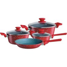 Euro Home, ALU8709-VO, Conjunto de panelas ColorStone 4 peças de alumínio com antiaderente e tampa de vidro, Volcano, Vermelho