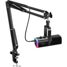 FIFINE conjunto de microfone para jogos XLR/USB, mic dinâmico para PC para podcasting, kit de microfone RGB para computador com suporte para braço de lança,para gravação de voz vocal-AM8T Preto