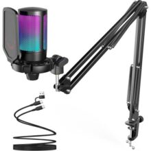 FIFINE Gaming PC Microfone USB, Microfone Condensador para Podcast com Braço,Filtro Pop,Botão Mudo para Streaming,Twitch,Chat Online,Mic RGB para Computador para PS4/5 y Jogadores e Youtuber-A6T