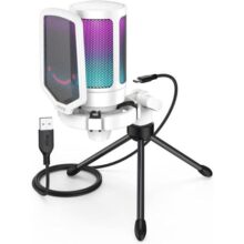 FIFINE Microfone USB, microfone para laptop de mesa de gravação de jogos para PC, microfone condensador para podcasting de transmissão RGB para jogos on-line, vocal, com botão mudo- A6V branco