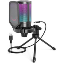 FIFINE Microfone USB Para Jogos Para PS5 PC, Microfone Condensador Com Mudo Rápido, Indicador RGB, Suporte De Tripé, Pop Filter, Suporte De Choque, Controle De Ganho Para Twitch Podcasts -A6V