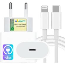 Fonte Carregador 25W Turbo + Cabo Usb-C-Lightning Compatível iPhone X Xr SE 11 12 13 14 Carga Ultra Rápida – Premium®