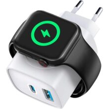 Gshield Carregador de Parede Universal 3 em 1 Power Delivery 23W Tipo C Ultra Rápido + USB A e Base de Carregamento Magnética Sem Fio para Apple Watch Integrada, Survivor, Branco