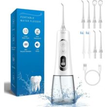 Irrigador Oral Portátil com fio Dental de água, 300ml, Recarregável, à Prova d’água IPX7, 9 Modos com Display LED, 8 Bicos de Jato, para Uso Doméstico e Em Viagens – Branco