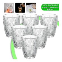 Jogo 6 Copos Diamond 300ml Vidro Grosso Diamante Luxo Moderno Resistente Buffet Casual Baixos Transparente
