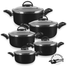 Jogo De Caçarolas 05 Peças Preto Com Tampa De Vidro e Utensílios