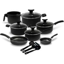 Jogo de Panelas 10 Peças Preto Antiaderente c/Tampa de Vidro e Utensílios