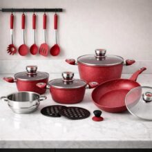 Jogo De Panelas 18 Peças Cerâmica Antiaderente com Temporizador de Temperatura Vermelho Premium