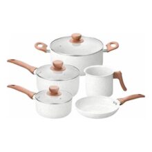 Jogo De Panelas 5 Peças 3mm Revestimento Cerâmico Creme Para Fogão Indução E Tradicional Antiaderente Tampa De Vidro