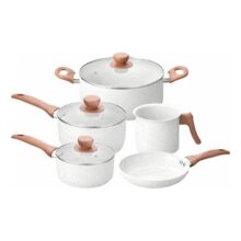 Jogo De Panelas 5 Peças 3mm Revestimento Cerâmico Creme Para Fogão Indução E Tradicional Antiaderente Tampa De Vidro