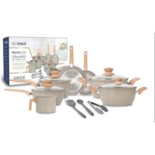 Jogo de Panelas Cerâmica Antiaderente 10 Peças Neuhaus Marble Life – Compatível com Indução, Gás e Elétrico – Com Utensílios em Silicone – Cor Light Grey