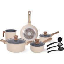 Jogo de Panelas Indução Cerâmica Antiaderente 8 Peças, Adequado para Fogão a Indução, Gás, Elétrico e Vitrocerâmico, Durável Lindas e Qualidade, Cinza-Bege