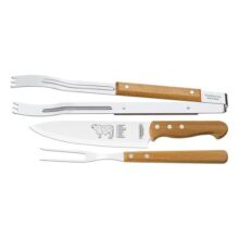 Jogo Para Churrasco Com Lâminas Em Aço Inox E Cabos De Madeira Natural 3 Peças Tramontina