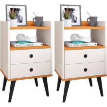 Jogo Quarto Kit Mesa de Cabeceira Pequena Retrô Mesinha Canto Cama Gaveta Nicho Decorativo – Off White/Cinamomo – RPM