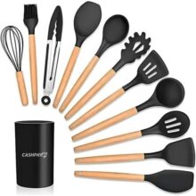 Kit 12 Utensílios De Cozinha Em Silicone E Cabo De Madeira Jogo De Utensílios Resistente Ao Calor Antiaderente Premium