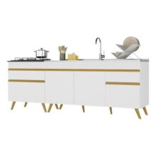Kit 2 Balcões Cozinha 150cm E 70cm Veneza Multimóveis V2073 Cor Branco/dourado