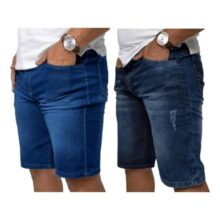 Kit 2 Bermuda  Jeans  Azul Médio Lisa E Azul Bigode Puido
