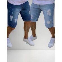 Kit 2 Bermudas Jeans Masculina Rasgada Desfiada Com Lycra Nf