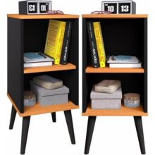 Kit 2 Mesa de Cabeceira Retrô com Prateleira Charme (Preto/Cinamomo)