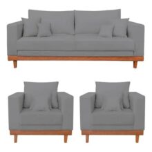 Kit 2 Poltronas Living + Sofá 2 Lugares Base Madeira Linho