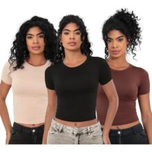 Kit 3: Baby Tee Feminina – Blusa Slim Fit Manga Curta