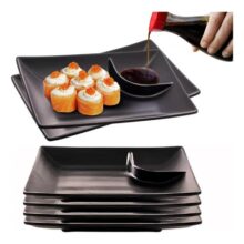 Kit 6 Pratos Retangulares Melamina com Molheira Preto