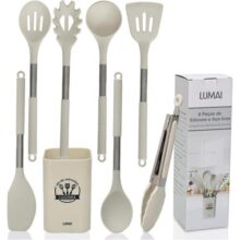 Kit 8 Utensílios de Cozinha Grandes em Silicone e Aço Inox – bege
