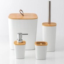 Kit Banheiro Completo Lixeira Porta Escova Sabonete Bambu