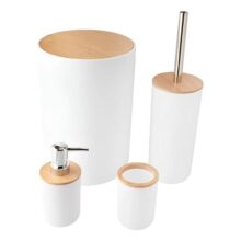 Kit Banheiro Completo Lixeira Porta Escova Sabonete Bambu