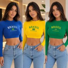 Kit c 3 Blusas Cropped Feminina Brasil Manga Longa