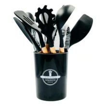 Kit C12 Utensílios De Cozinha Em Silicone Cabo Madeira Cor Aleatória