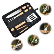 Kit Churrasco Inox Profissional 4 Peças Estojo Madeira