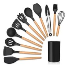 Kit com 12 Utensílios De Cozinha Em Silicone Cabo Madeira