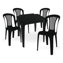 Kit Mesa Quadrada De Plástico + 4 Cadeira Resistente P/ Jardim Bar Restaurante Sorveteria Cor Preto Ps Móveis