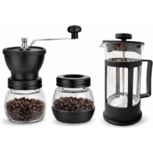 Kit Moedor de Café Manual e Cafeteira Prensa Francesa em Aço Inox Recipiente Extra de Vidro para Guardar Grãos Moinho de Cerâmica Para Café Especial Controle de Moagem Material Premium e Resistente