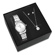 > Kit Relógio Colar E Brincos Ponto De Luz Feminino Luxo Silver Saint Germain Presente Or