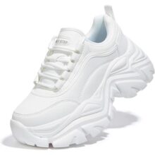 LUCKY STEP Tênis Chunky Feminino Plataforma Couro Branco Casual Confortável Tênis De Caminhada Esportivo, Tamanhos 35 Ao 39