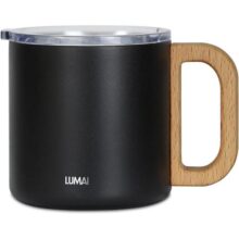 LUMAI Caneca Térmica Vietnã 350ml Aço Inoxidável, Parede Dupla Isolada a Vácuo, Mantém Bebidas Quentes ou Frias por Horas, Tampa Vedada Antivazamento, Alça de Madeira – Preto