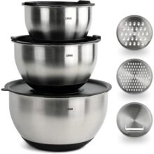 LUMAI Kit 3 Tigelas Bowls de Aço Inoxidável com Tampas Hérmeticas e 3 Discos de Corte de Inox para Ralar e Fatiar – Base de Silicone Premium – Utensilio de Cozinha para Misturar, Armazenar e Marinar