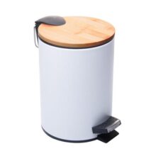 LYOR – Lixeira Redonda De Metal Com Pedal e Tampa Em Bambu Branca 5L