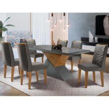 Mesa Aster 180 Tampo Em Mdf E Vidro + 6 Cadeiras Liz Moderna Cor Grafite com Imbuia