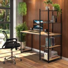 Mesa Escrivaninha Com 5 Prateleiras Vintage Design Laminado Com Preto- Madeira E Metal Com Tons Em Mel Para Home Office Estilo Industrial Para…