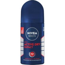 NIVEA MEN Desodorante Antitranspirante Roll On Dry Impact 50ml – Proteção prolongada de 72h, dupla proteção antitranspirante, proteção extra seca, sem alumínio, corantes e conservantes