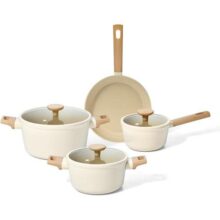 Oikos – Jogo Panelas Antiaderente Ultra Ceramic 4 Peças para Fogão por Indução, a Gás, Elétrico e Vitrocerâmico com Borda de Silicone Cor Bege Mou Nata
